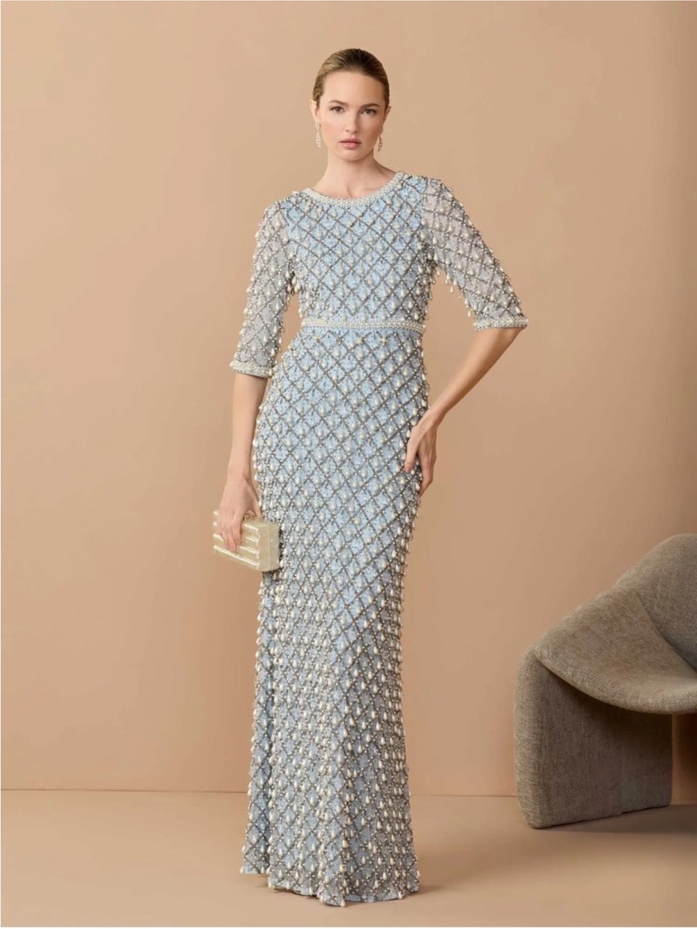 Mac Duggal 10099 Vintage Blue Pearl Embellished 3/4 Sleeve Gown sz 12